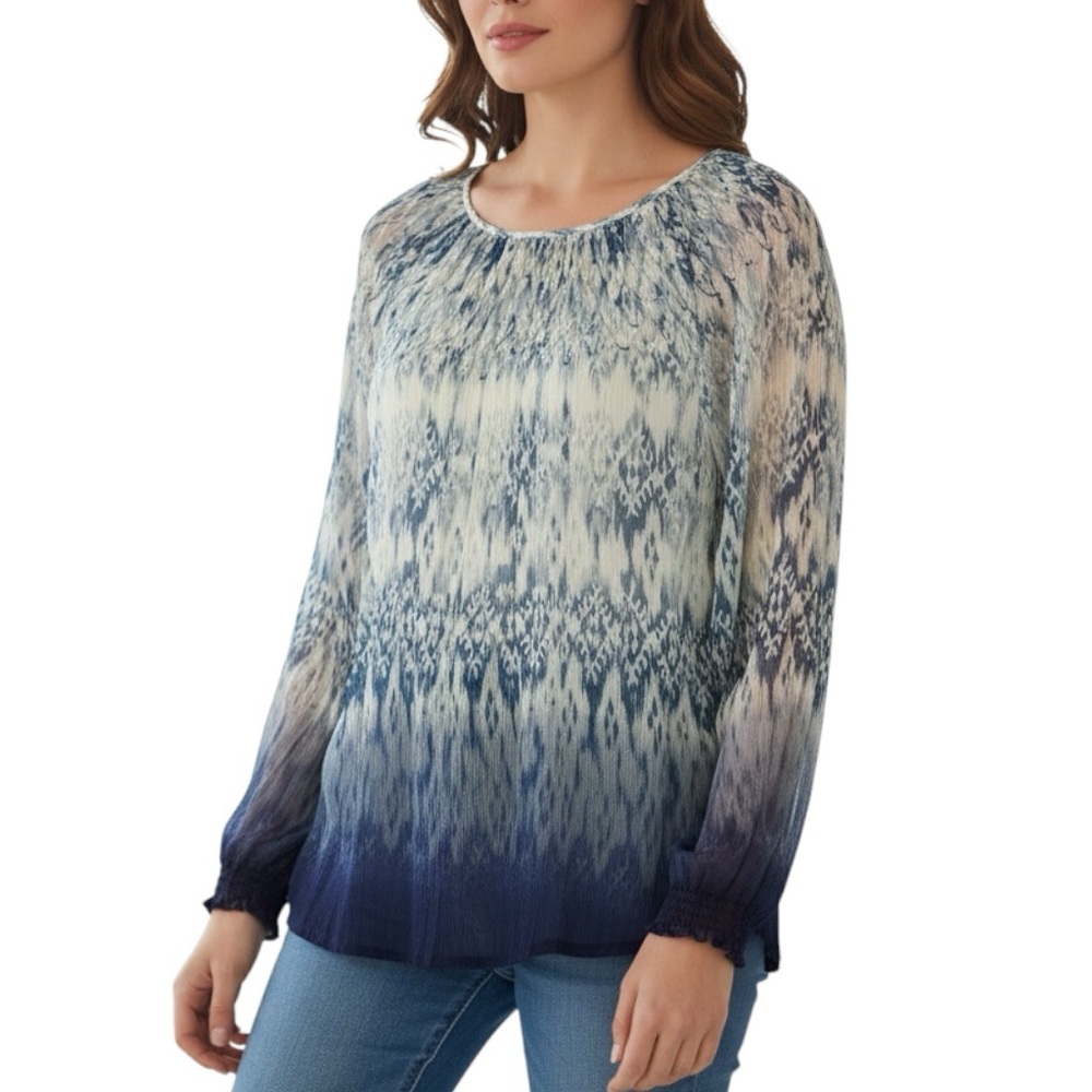 Sundance Silk Long Sleeve Printed Dip Dye Ombre Smocked Neck Blouse LARGE